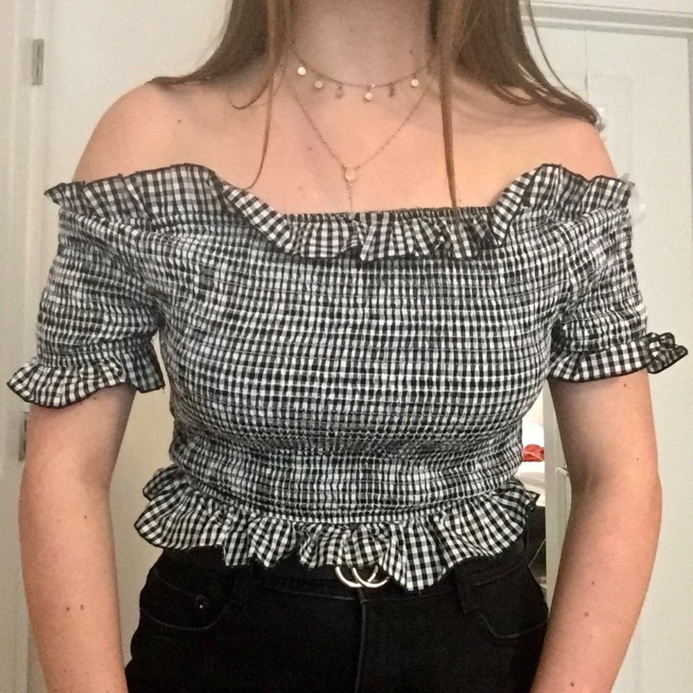 Boohoo Matilda Gingham Off the Shoulder Peplum Top